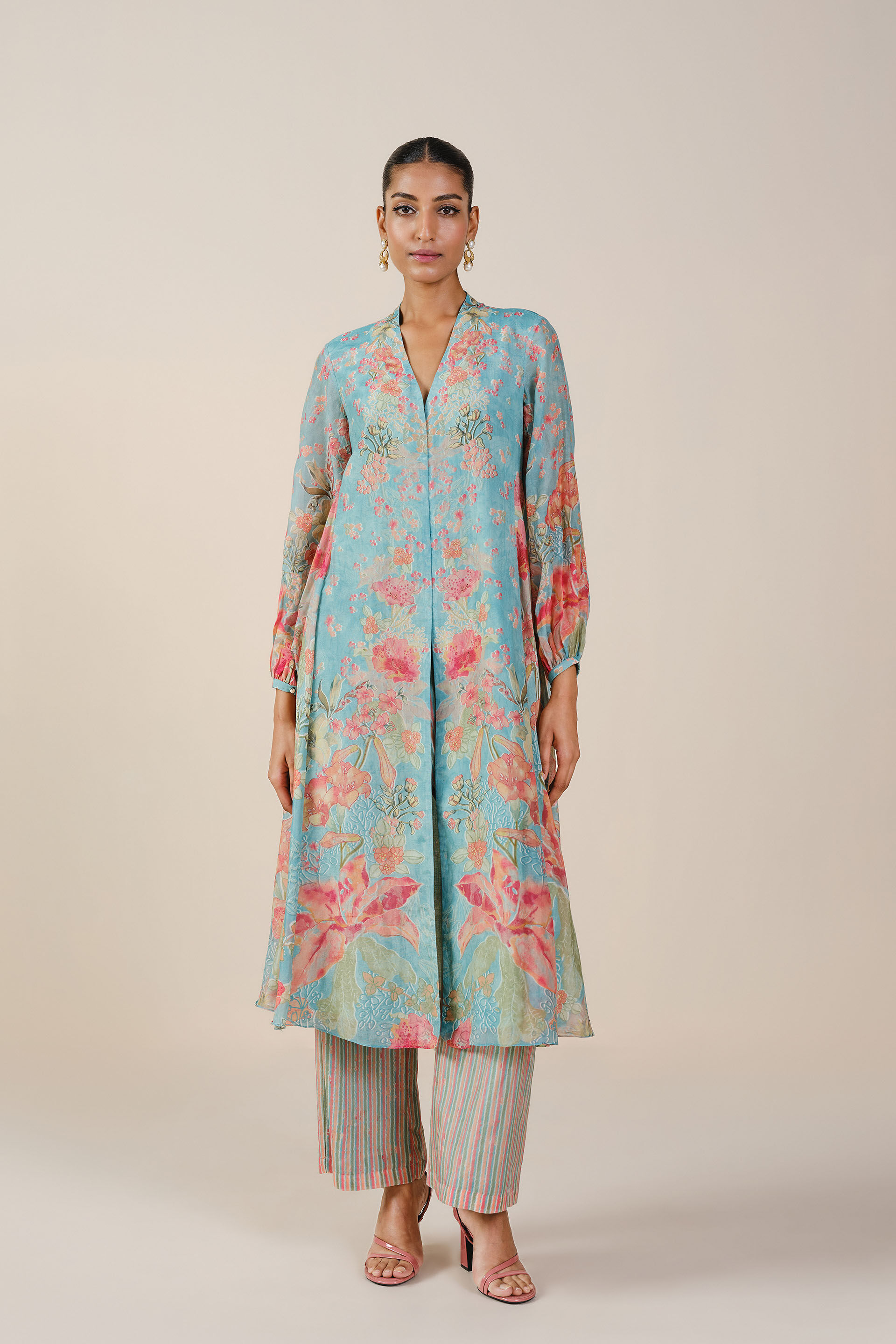 Nyneve Printed Mul Kurta Set - Aqua